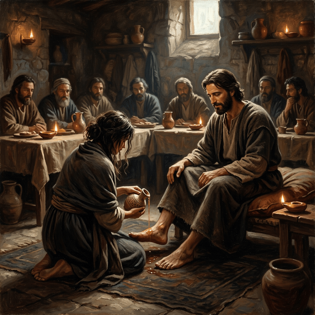 A woman washes Jesus’ feet with oil while seated guests watch.
